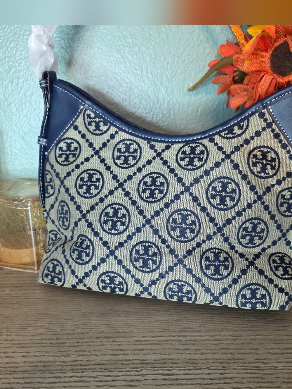 Navy Logo Jacquard Shoulder Bag